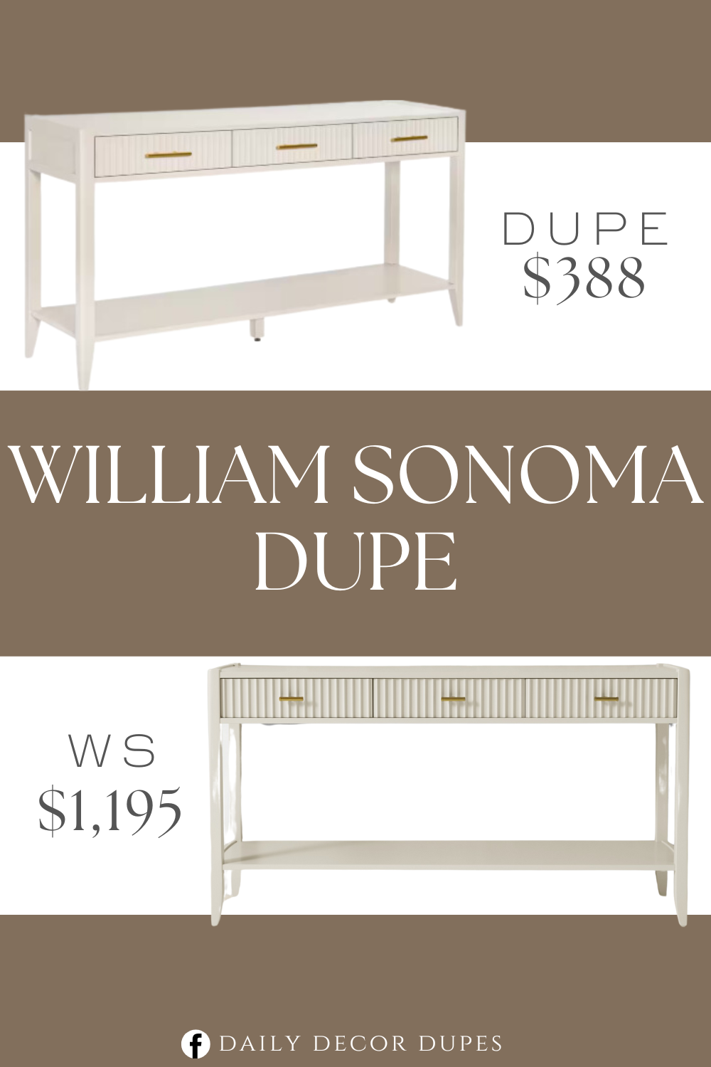 William Sonoma Lewis 3-Drawer Console Table Dupe. The 3-drawers feature a unique vertical stripe design, adding a touch of modern elegance to the table. Every aspect of this console table, from the MDF construction to the carefully designed drawers and legs, reflects a commitment to quality.