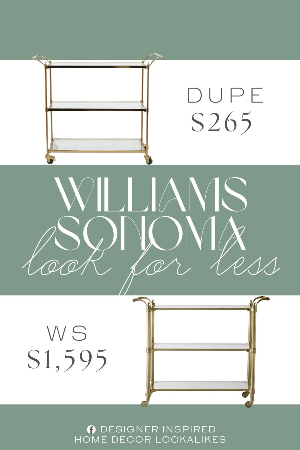 Williams Sonoma Beckett Bar Cart Dupe. This 3-tier storage cart accentuates a gold-finished frame and transparent glass shelves. Three mirrored shelves are featured on this bar cart with a handle and wheeled legs.