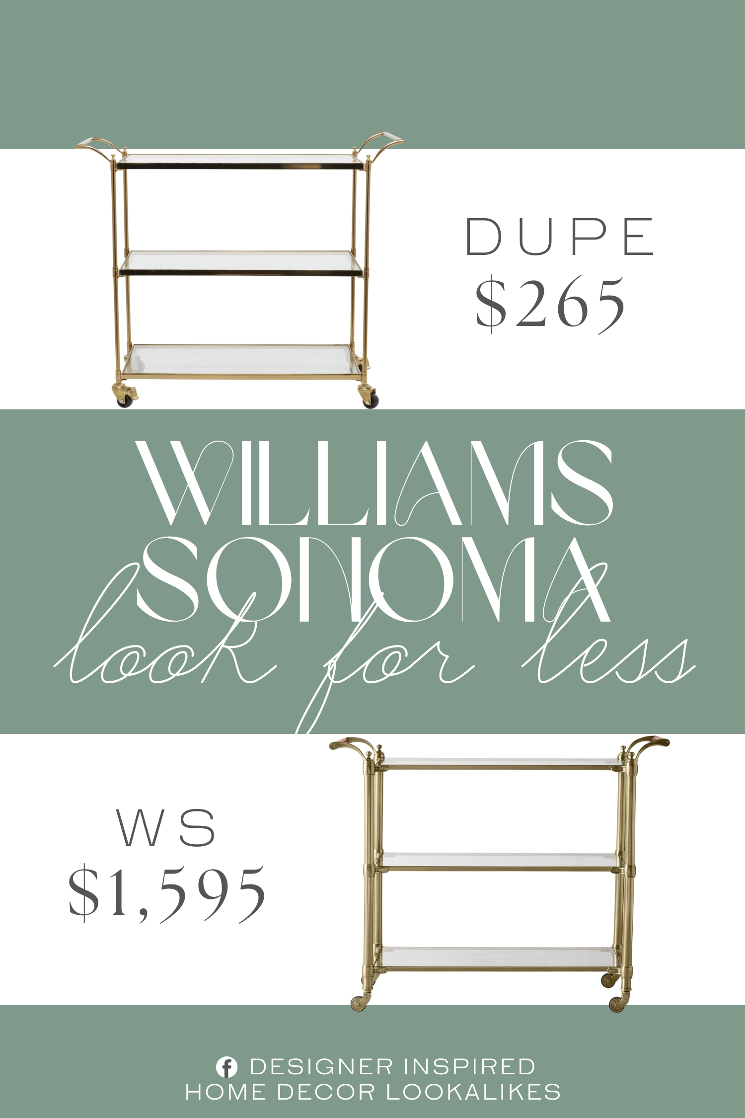 Williams Sonoma Beckett Bar Cart Dupe. This 3-tier storage cart accentuates a gold-finished frame and transparent glass shelves. Three mirrored shelves are featured on this bar cart with a handle and wheeled legs.