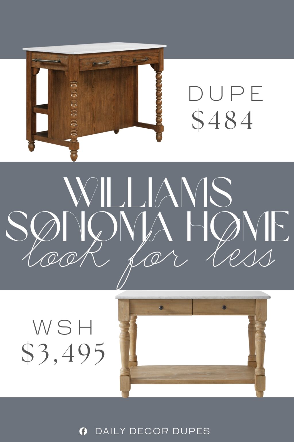 Williams Sonoma Home Harvest Island Dupe. Features sturdy wood construction and a solid engineered stone tabletop, ensuring long-lasting durability and a reliable surface for meal preparation and serving.