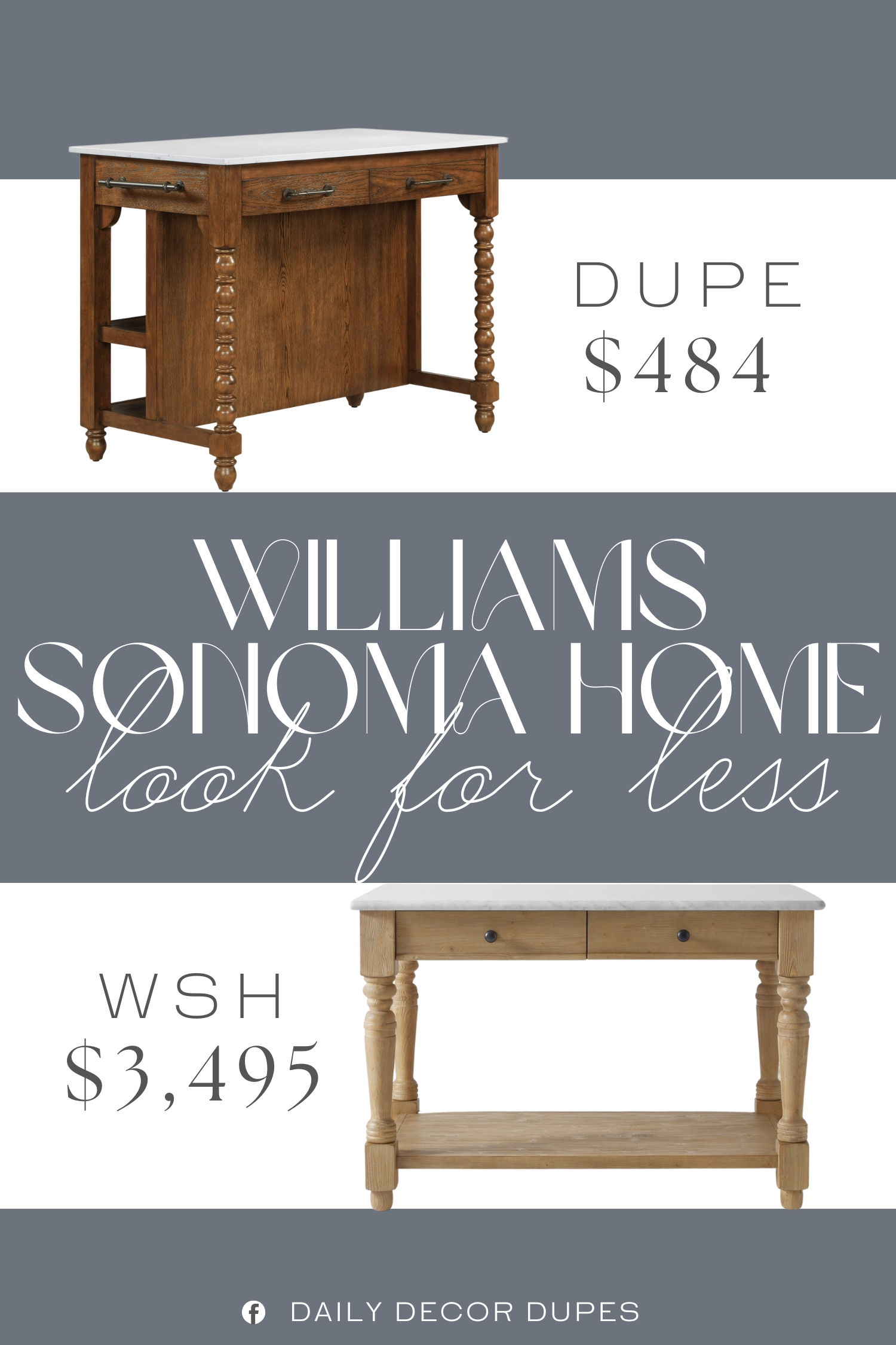 Williams Sonoma Home Harvest Island Dupe. Features sturdy wood construction and a solid engineered stone tabletop, ensuring long-lasting durability and a reliable surface for meal preparation and serving.