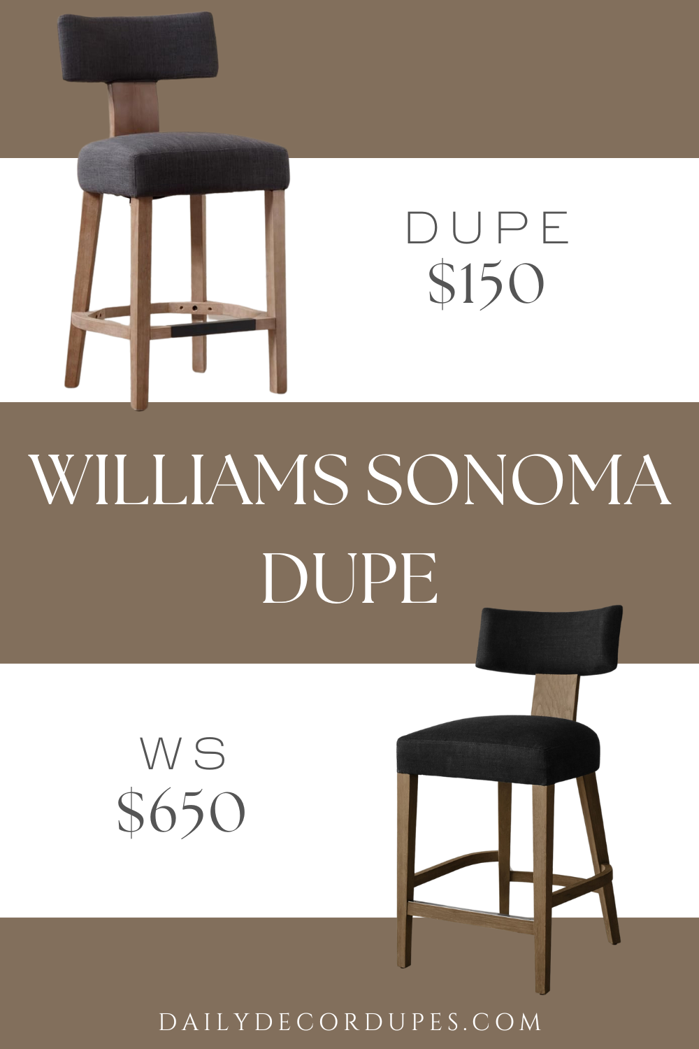 Williams Sonoma Koret Upholstered Counter Stool Dupe Dupes. Frame crafted of kiln-dried. Smooth, semi-gloss finishes. Overall dimension 18"W x 21.25"D x 38.5"H.