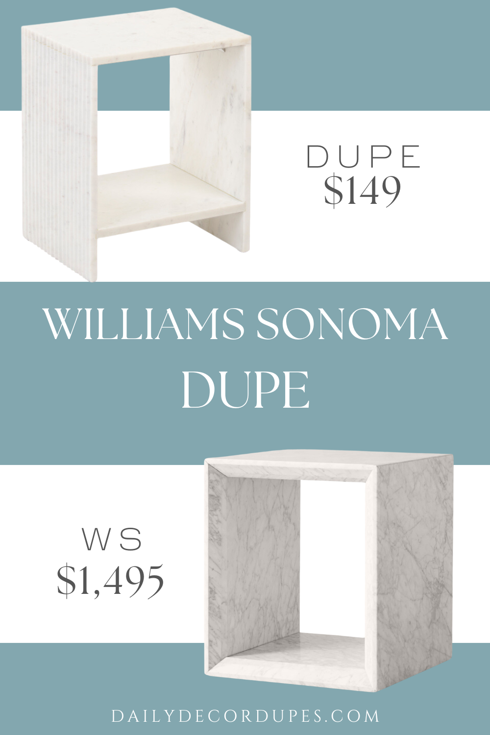 Williams Sonoma Pierre Marble Side Table Dupe. Marble design. 1 shelf for ample storage, fluted style. Overall dimension 16in W x 20in H x 14in L.