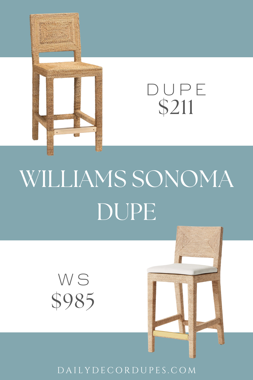 Williams Sonoma Point Reyes Counter Stool Dupe. Constructed from Mahogany Wood and Natural Seagrass. Bohemian Bar Stools. Squared Backrests.