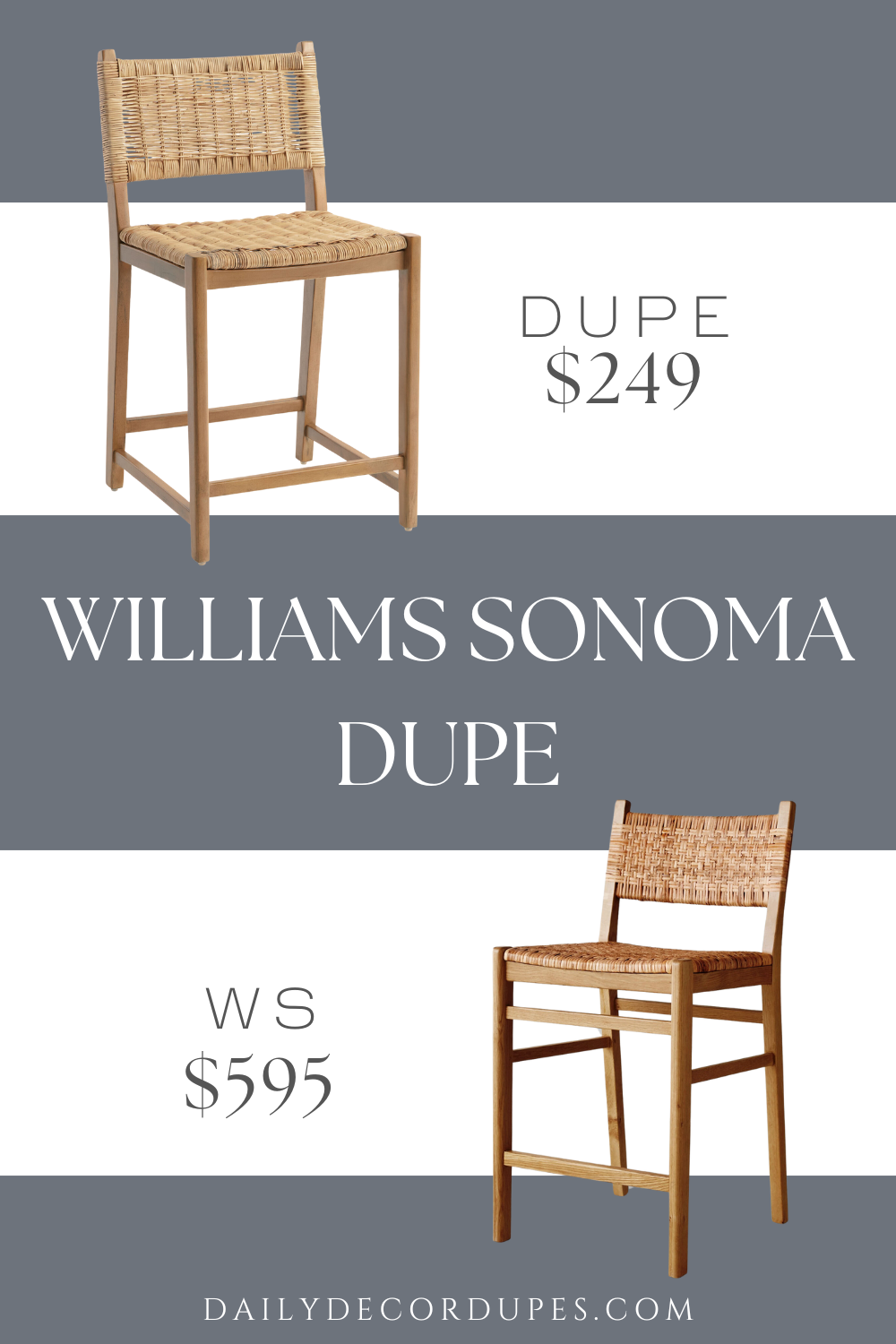 Williams Sonoma Sullivan Woven Dining Counter & Bar Stool Dupe. Made of beech wood, natural rattan and metal. Overall: 20"W x 22"D x 38"H, 16.8 lbs.