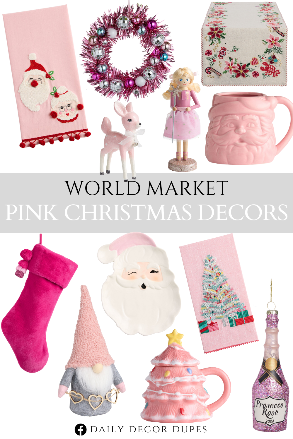 World Market Pink Christmas Decors 2024. Pink Merry Kitschmas Santa Figural Serving Platter. Gnome with Sherpa Hat Decor. Monochromatic Santa Hand Painted Figural Ceramic Mug. Ballerina Nutcracker Decor. Plush Pom-Pom and Tassel Christmas Stocking. Pastel Pink Retro Deer With Bell. Pink Tinsel Christmas Tree Embroidered Kitchen Towel. Pink Christmas Tree Lidded Hand Painted Figural Ceramic Mug. Pink Glittered Glass Prosecco Bottle 2024 Ornament. Pink Tinsel and Disco Ball Wreath Ornament. Pink Santa and Mrs. Claus Kitchen Towel. Ivory and Pink Christmas Lobster Embroidered Table Runner.