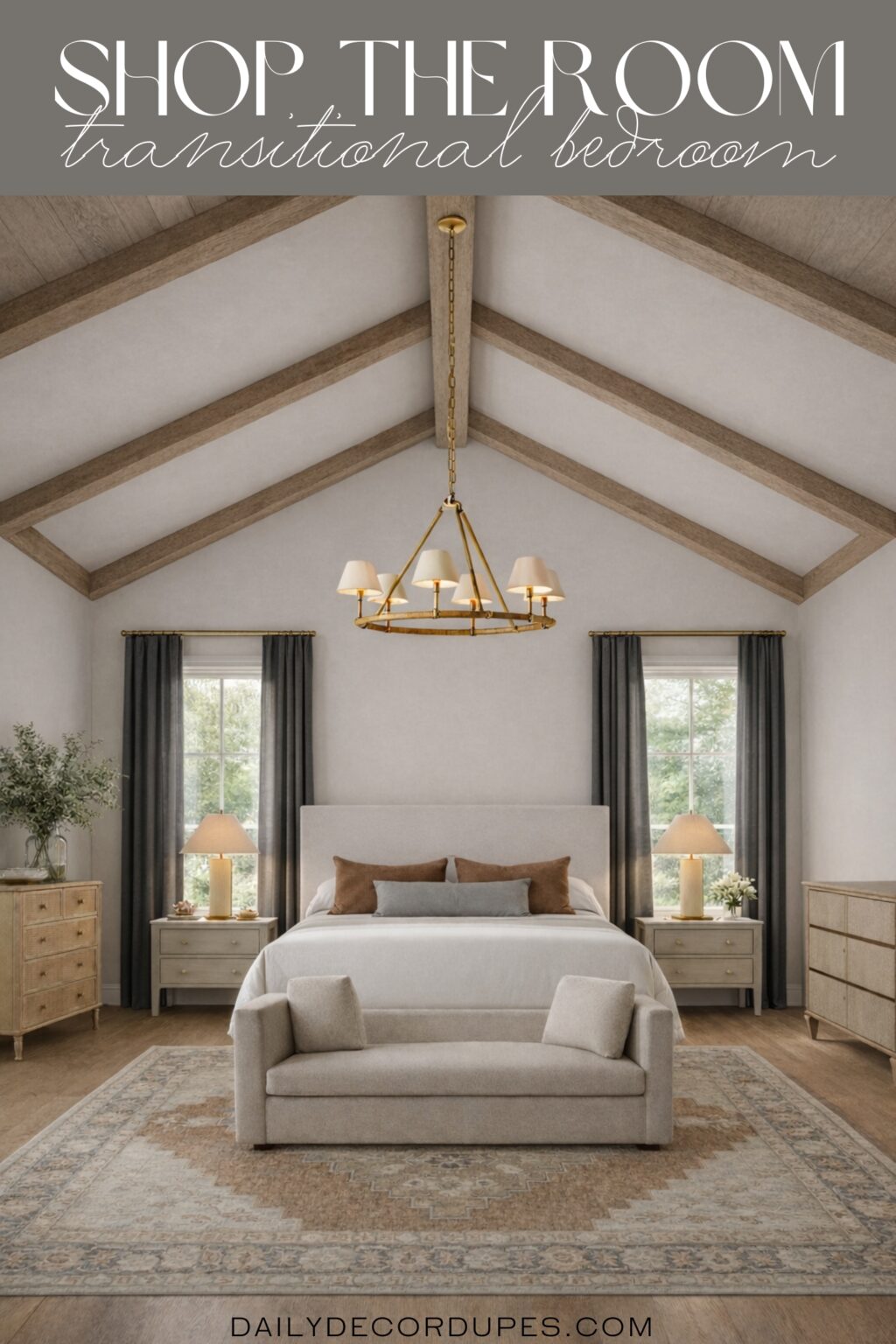 transitional mcgee inspired bedroom wood ceiling beams rustic mountain